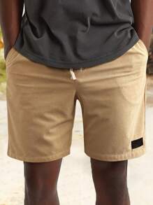 Manfinity Homme Men's Loose Fit Solid Color Shorts With Drawstring Waist - Khaki - View 1
