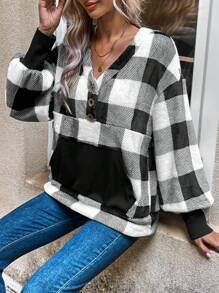 EMERY ROSE Women'S Checkered Drop Shoulder Sweatshirt - Black and White - View 3