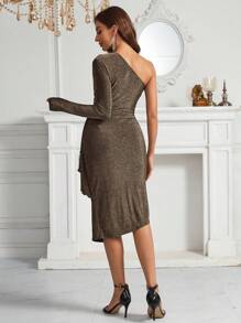 SHEIN Belle Women's One Shoulder Ruffle Design Pleated Patchwork Dress With Frill Trim Decoration - Grey - View 3