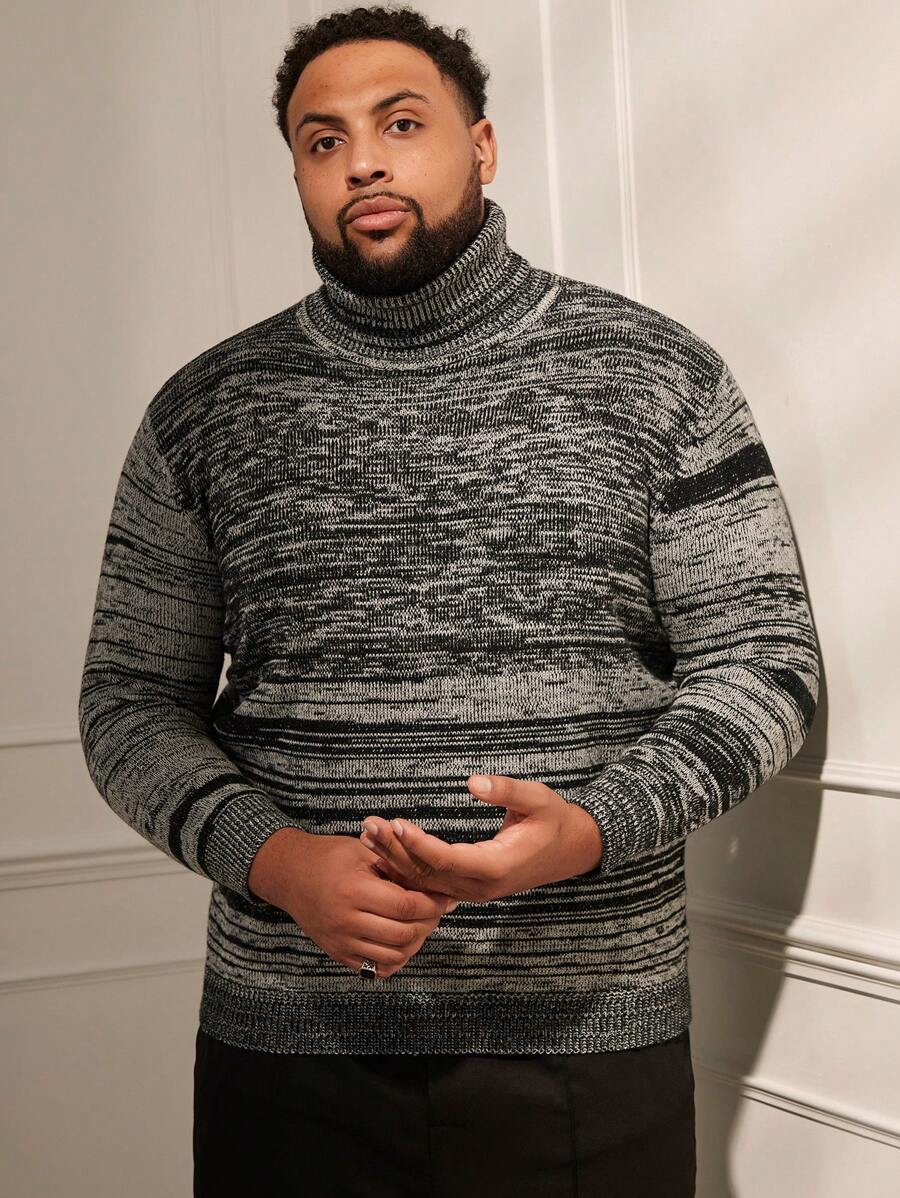 Manfinity VCAY Men Plus Size Knitted Turtleneck Sweater With Two-Tone Design, For Fall Winter - Black and White - View 1