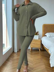 VaVaBold Của phụ nữ Nút phía trước Áo thun Và Xà cạp Bộ - xanh quân đội - Xem 3