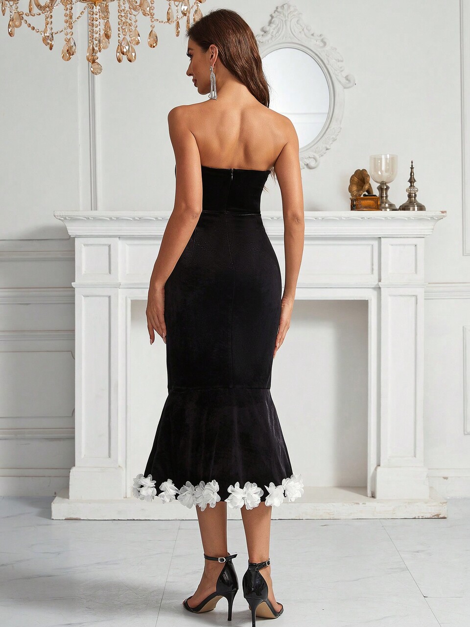 Women's Strapless Mermaid Dress With 3d Lace Applique For Evening Party