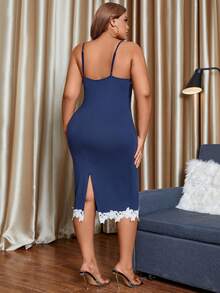 Celure Vestido De Encaje De Talla Grande Con Diseño De Patchwork Y Estilo Ajustado - Azul Marino - Ver 2