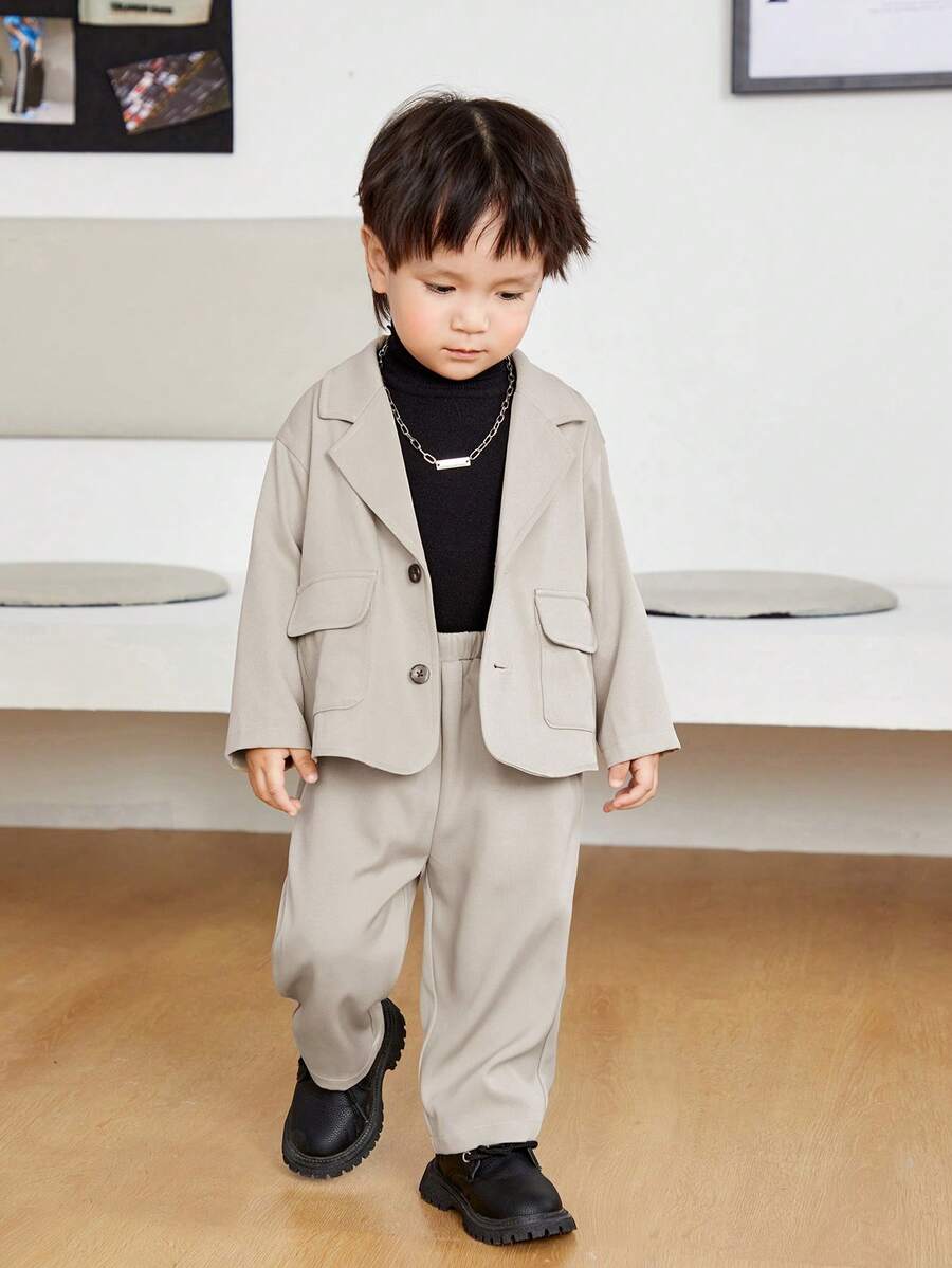 SHEIN Unisex Baby Solid Color Lapel Coat Wide-leg Trousers Two-piece Set - Apricot - View 1