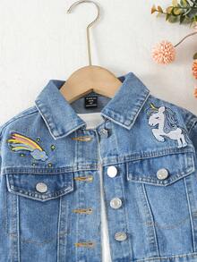 Girls' Daily Wear Cartoon Embroidery Short Denim Jacket - Medium Wash - View 3