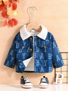 寶寶男孩字母圖案貝里絨衣領泰迪皮毛襯裡外套