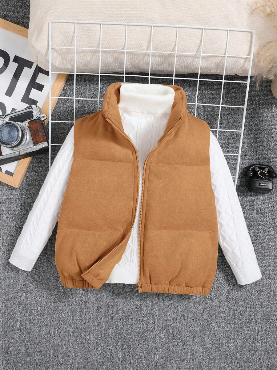 SHEIN 幼兒男童無袖立領棉墊背心 - 棕色 - 查看 1