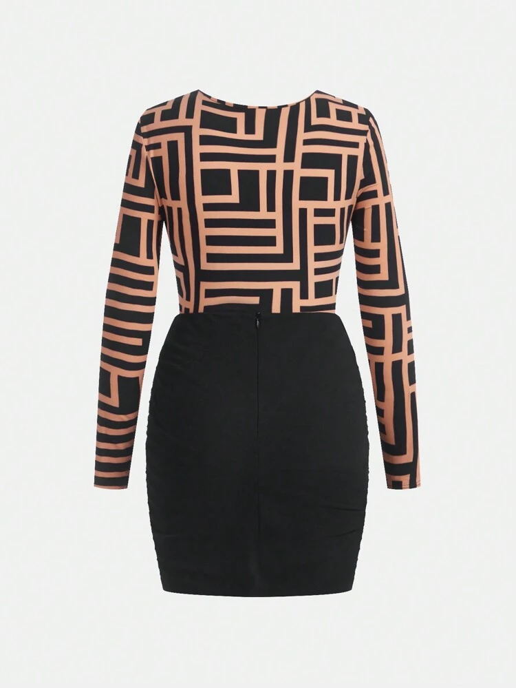 Teen Girls' Sweetheart Neck Patterned T-Shirt And Ruched Skirt 2pcs/Set