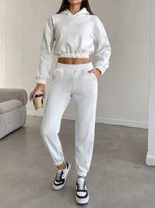 EURMUSE Women's Solid Color Drop Shoulder Long Sleeve Cropped Hoodie And Pants Casual 2-Piece Set - White - View 4