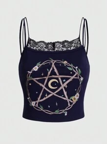 ROMWE Hippie Top de tirantes con estampado de luna y estrella con encaje en contraste - Azul Marino - Ver 7