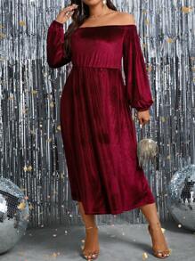 SHEIN Clasi Women's Plus Size Off-the-shoulder Lantern Sleeve Dress - Burgundy - View 5