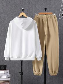 SHEIN 青少年男孩休闲百搭英式图案连帽运动衫和拼色紧身裤套装 - 卡其色 - 查看 2