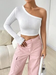 SHEIN EZwear White Knitted Women's Shoulder Strap Top - White - View 3