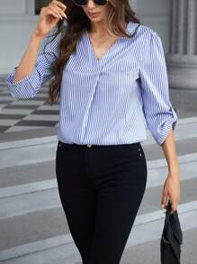 SHEIN Essnce Sọc Tay áo cuộn lên Áo sơ mi - Xanh đậm - Xem 4