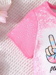 女婴爱心与兔子印花短袖T恤和裤子套装 - 玫紅色 - 查看 5