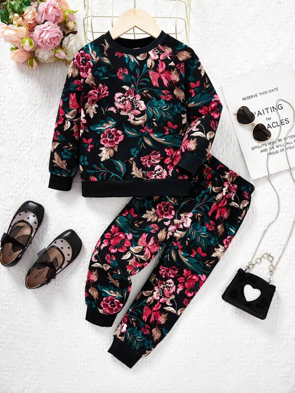 SHEIN Jong meisje Casual Bloemenpatroon brei Ronde hals Lange mouwen Sweatshirts Sets Voor Warm Winter