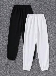 SHEIN Tween Girls' Loose Fit Lagenlook Quần nhiều túi có còng co giãn - Đen và trắng - Xem 2