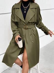 SHEIN Essnce 大碼雙排扣翻領風衣外套 - 軍綠色 - 查看 6