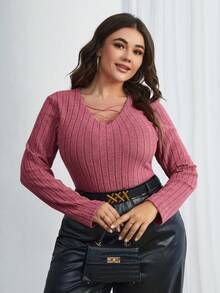 SHEIN Essnce 肋紋加大號長袖t恤 - 玫紅色 - 查看 5