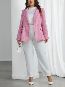 SHEIN Privé 女款大尺寸雙排扣粉紅格紋西裝外套 - 粉色 - 查看 4