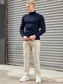 EURMUSE Sudadera Con Cuello De Tortuga Y Color Sólido Simple Para Hombres Para Combinar Con Cualquier Cosa - Azul Marino - Ver 6