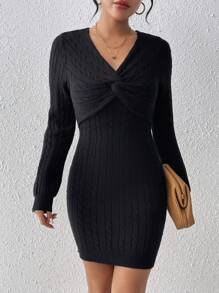 SHEIN Privé 前扭結麻花編織毛衣洋裝 - 黑色 - 查看 1