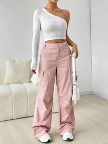 SHEIN EZwear White Knitted Women's Shoulder Strap Top - White - View 4