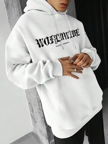 Manfinity Homme Hombres Capucha con estampado de slogan y figura de hombros caídos con cordón - Blanco - Ver 2