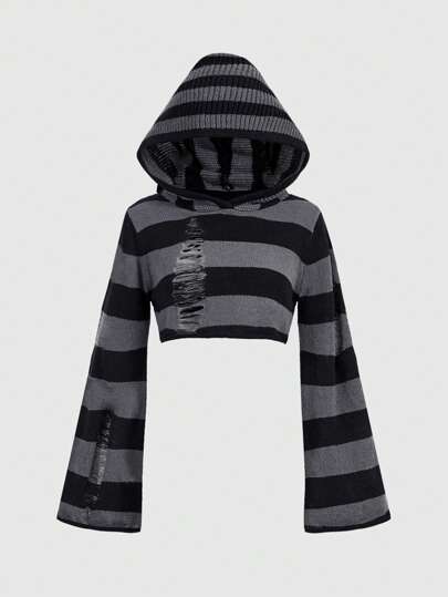 Grunge Punk Striped Distressed Hooded Sweater, School