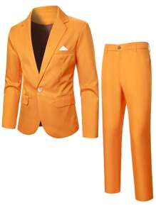 Manfinity AFTRDRK 男士純色單排釦西裝套裝(不含襯衫) - 橘色 - 查看 3