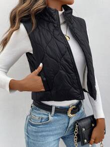 SHEIN LUNE Women Stand Collar Fleece Padded Vest Puffer Jacket - Black - View 5