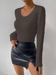 Chiquease Áo len chui đầu dáng ôm, cổ tròn, màu trơn, dệt kim kiểu dây cáp, thích hợp cho mùa thu đông. - Màu Khaki - Xem 6