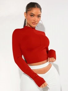 SHEIN SXY Của phụ nữ Quần skinny Áo thun Với Lỗ ngón tay cái - Đỏ - Xem 4