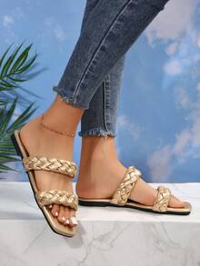 Fashionable Korean Style Minimalist Golden Flat Sandals - Gold - View 3