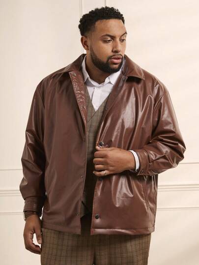 Manfinity VCAY Loose Woven PU Leather Jacket (Plus Size Men), For Fall Winter