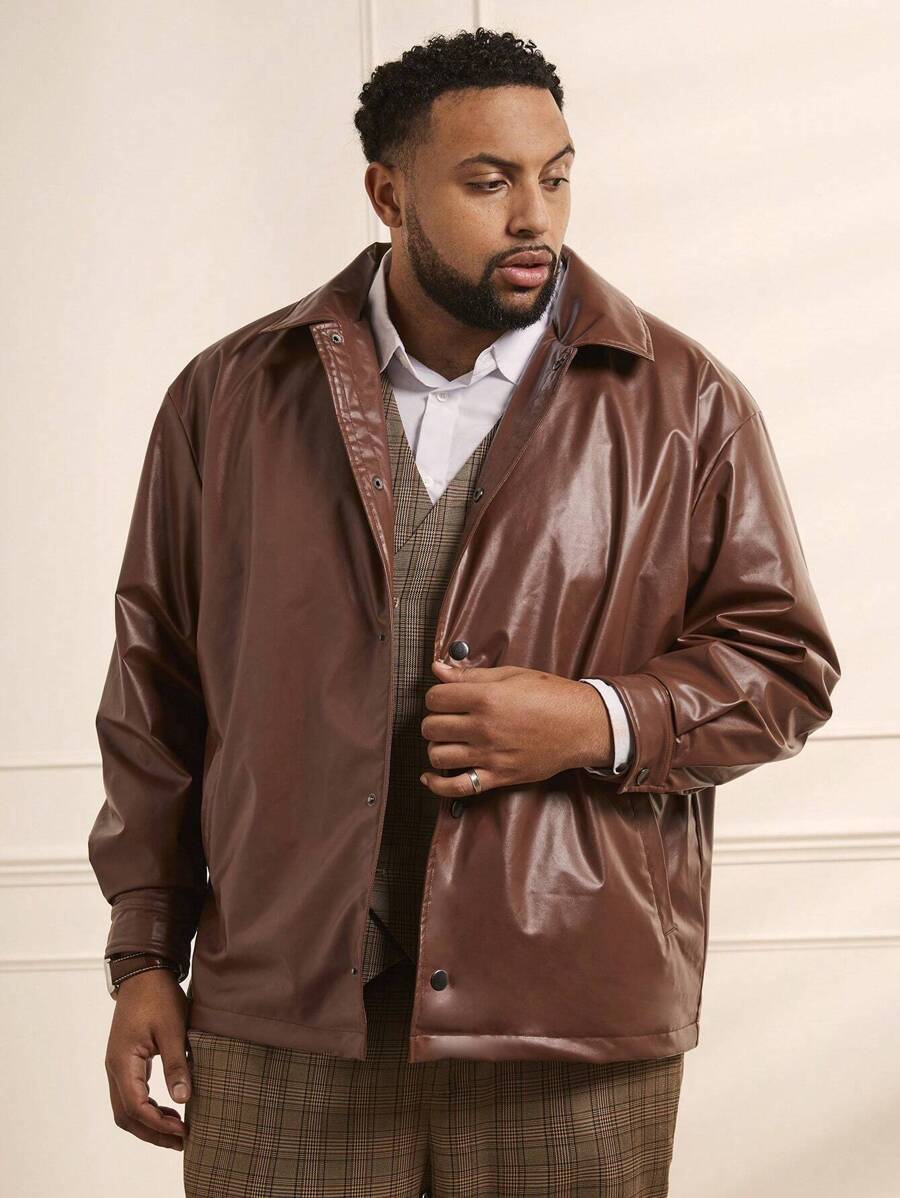 Manfinity VCAY Loose Woven PU Leather Jacket (Plus Size Men), For Fall Winter