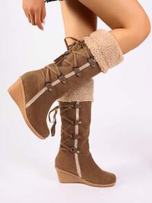 Women's Snow Boots Lace Up Back Tassel High Boots Sleeve Wedge Heel Snow Boots - Brown - View 4