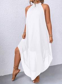 EMERY ROSE Vestido largo de mujer talla grande de unicolor con cuello halter