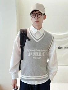 Aesthetic Post Nam In Slogan & Khối màu Áo len vest - Xám - Xem 5