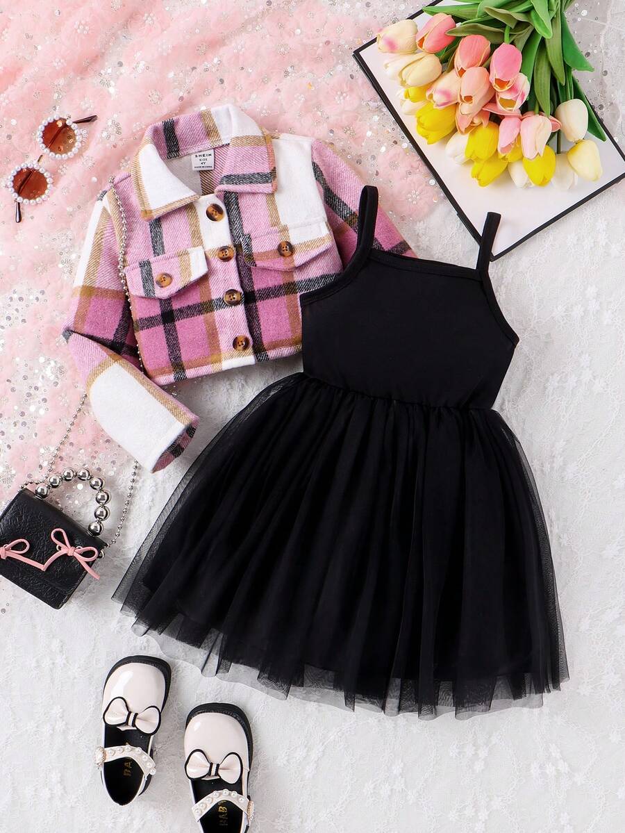 SHEIN Nhỏ bé Cô gái Kẻ sọc Áo khoác Và Lưới Hem Đầm Bộ - Hồng - Xem 1
