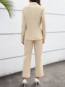 SHEIN Privé 尖領蝴蝶結西裝外套和褲子套裝 - 杏色 - 查看 2
