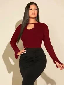 SHEIN SXY Women's Solid Color Keyhole-neck T-shirt With Cut-out Design - Burgundy - View 4