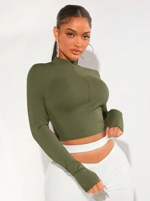 SHEIN SXY Women's Stand Collar Half Zipper Cropped T-shirt - Army Green - View 5