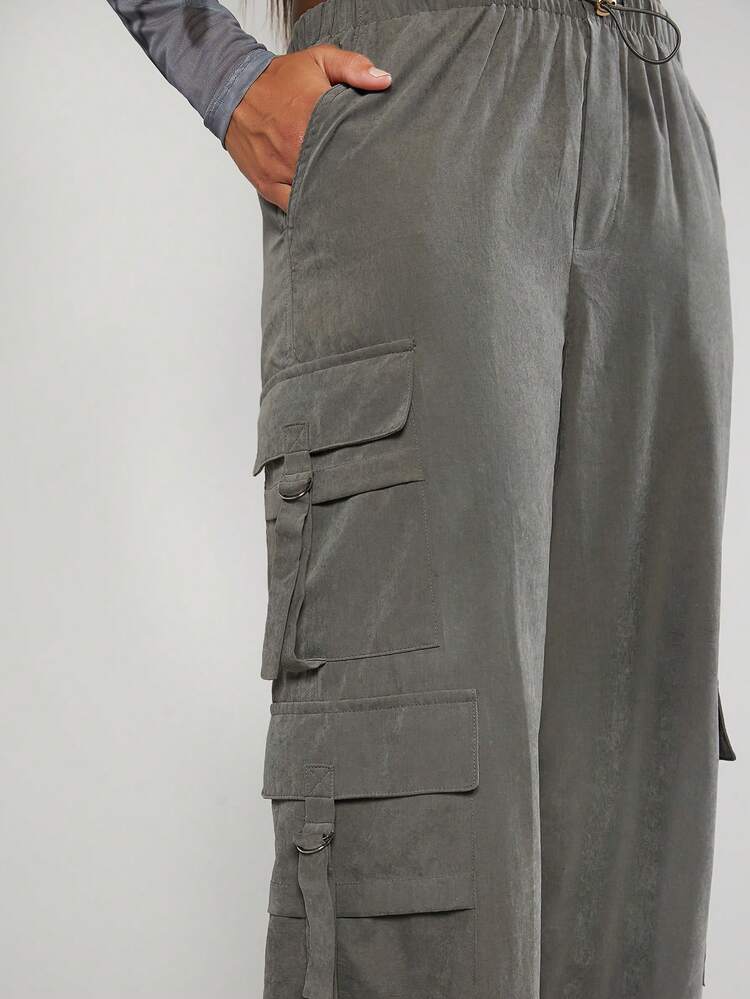 Solid Flap Pocket Drawstring Waist Cargo Pants