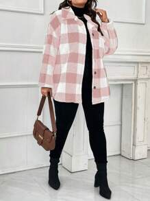 SHEIN LUNE Plus大小格紋下垂肩抱抱外套 - 粉色 - 查看 4