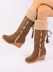 Women's Snow Boots Lace Up Back Tassel High Boots Sleeve Wedge Heel Snow Boots - Brown - View 1