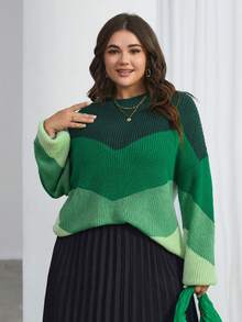 SHEIN Essnce Kích thước lớn Của phụ nữ Màu sắc Chặn Thả vai Áo len - màu xanh lá - Xem 3