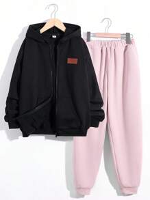 2 cái/bộ Bé trai tuổi teen Giải trí Lá thư In áo có mũ Dây kéo Áo Và Màu thuần Quần Chạy bộ - Nhiều màu - Xem 3