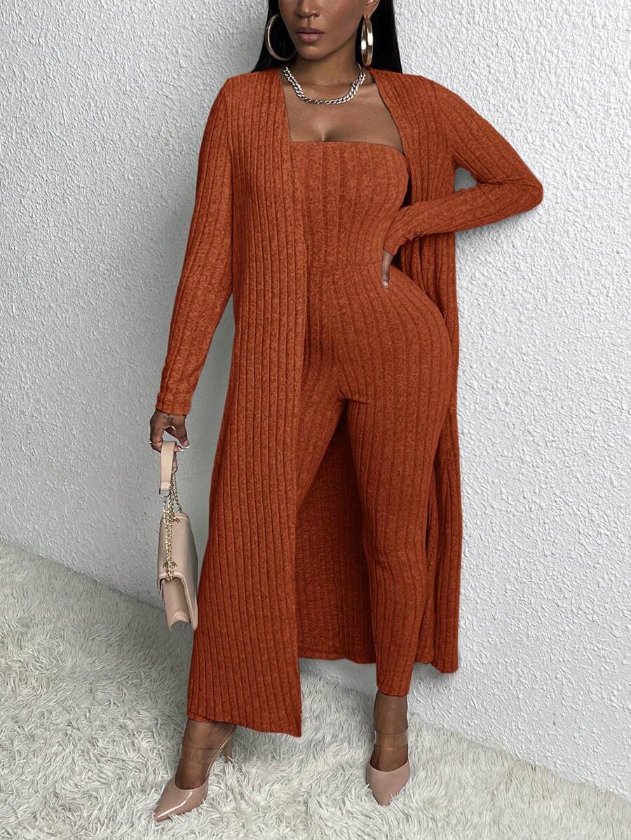 Slaydiva Bộ đồ liền thân hai mảnh vải thô chải kỹ hở phía trước đơn giản và bó sát Casual Home cho nữ mùa xuân và hè - Gỗ đỏ - Xem 1