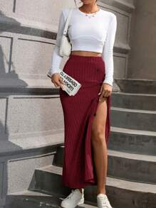 SHEIN Essnce Của phụ nữ Sọc Nút Khe Váy - Màu Đỏ Sâu - Xem 4